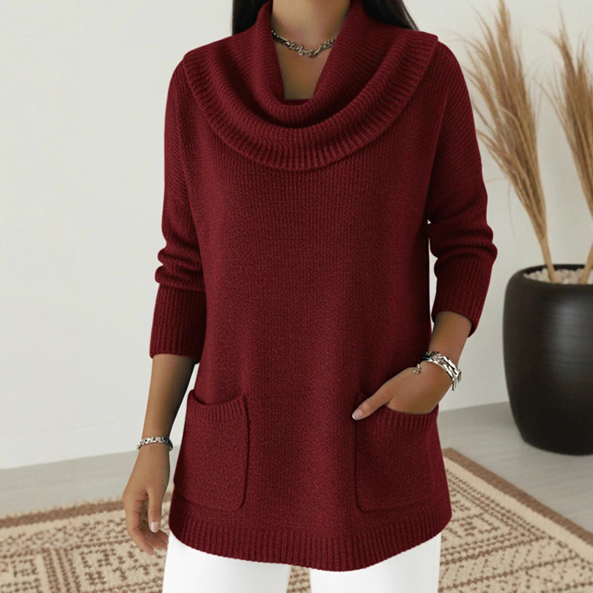 New Women's Monochromatic Sweater with Pockets.