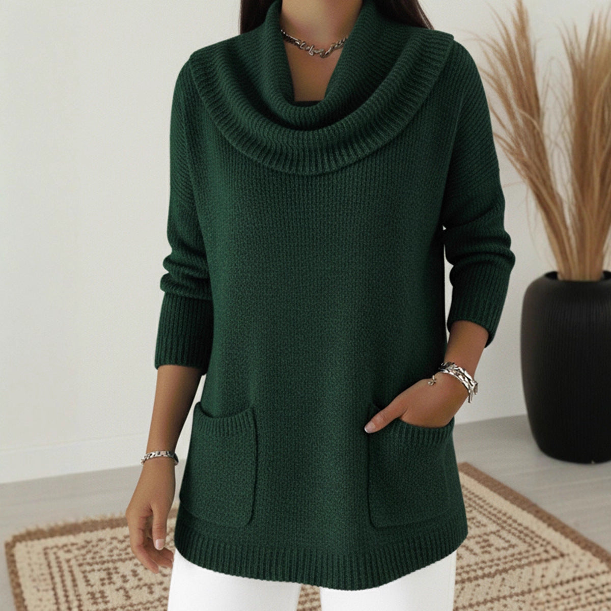 New Women's Monochromatic Sweater with Pockets.