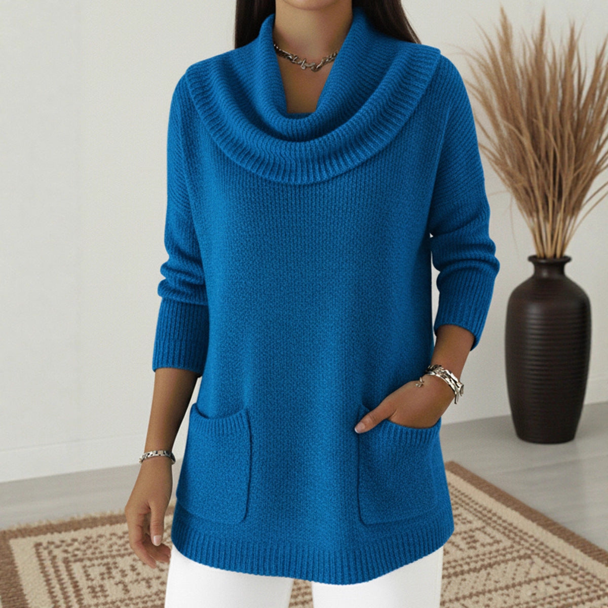 New Women's Monochromatic Sweater with Pockets.